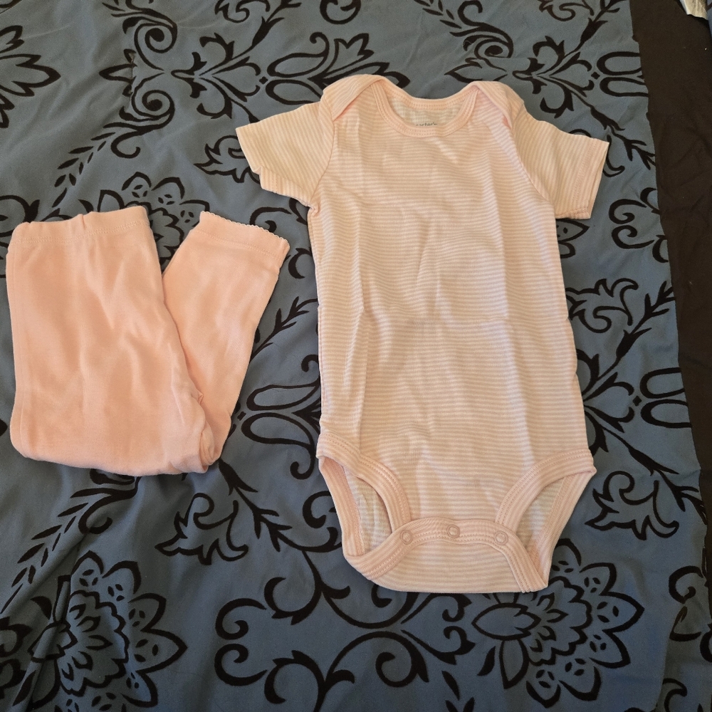 Carter's 12 month Baby pink striped onesie and pant